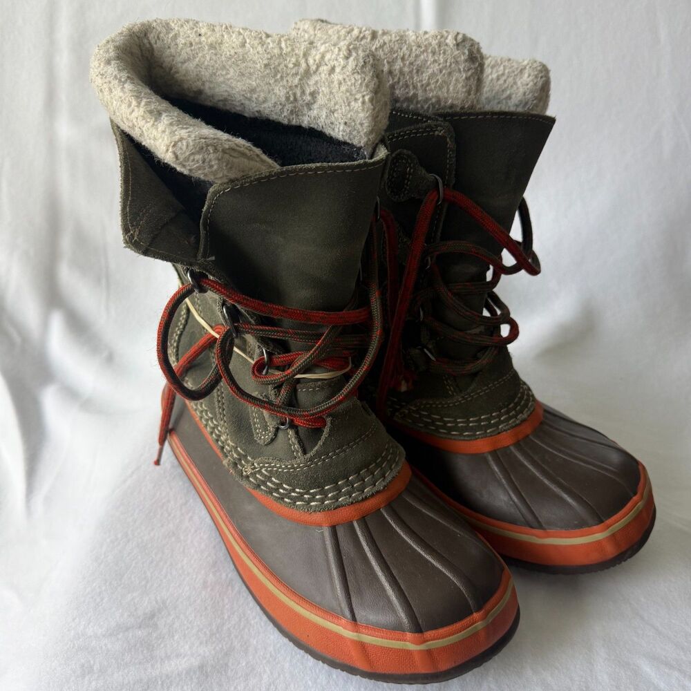 L.L.Bean Kids Size 3 Sherpa Lined Lace Up Duck Boots Olive Suede